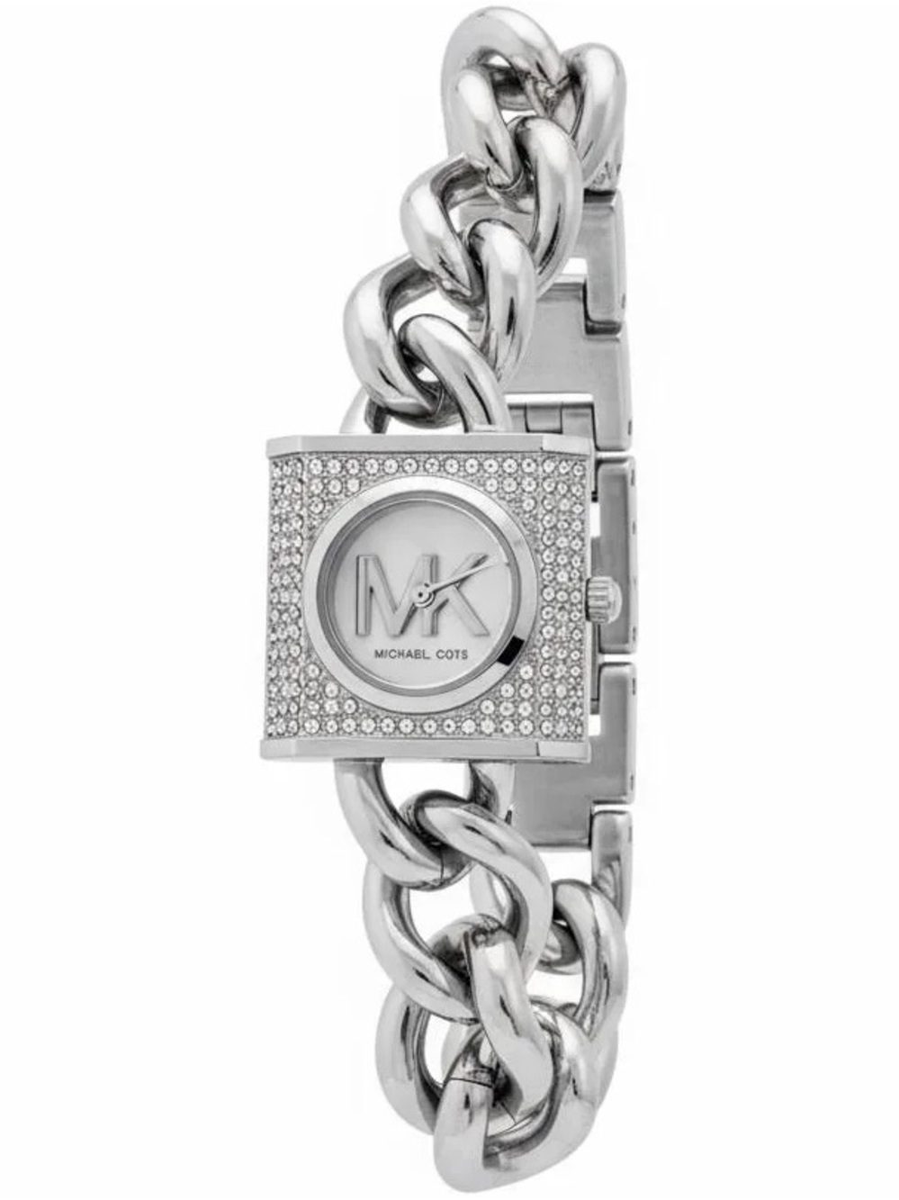 Michael Kors Silver Tone Pave MK Chain Bracelet Watch Chunky $250 NWT